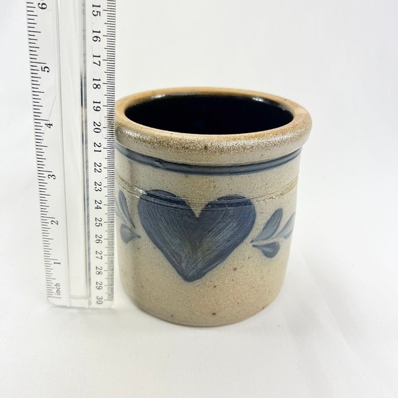 Vintage Rowe Pottery Works Heart Blue Salt Glaze Utensil Crock 1988 Pot Holder - Picture 13 of 13
